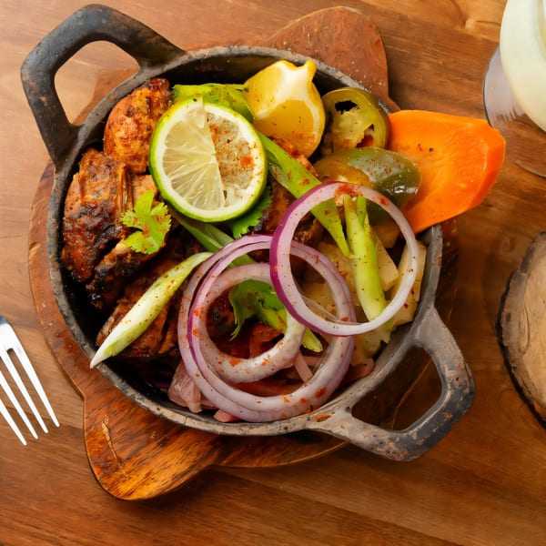 Indian chicken dish in a cast iron pan with lime, onions, and peppers on a wooden board.