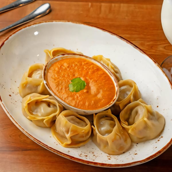 A plate of Indian momos with a vibrant orange dipping sauce garnished with a green leaf.